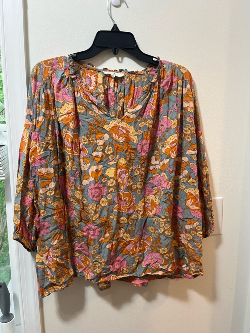 Entro Orange Pink Floral Bohemian Peasant Top
